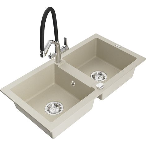 Mexen Mario 2-Becken-Granitspüle mit Mischbatterie Duo, Beige - 6504-69-671701-07