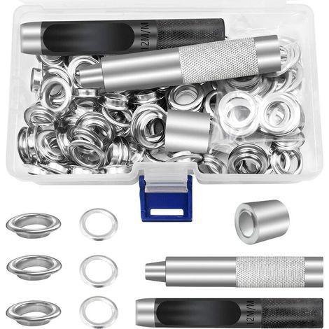 Trousse à Œillets Métalliques - Ensemble de 100 Œillets de 12mm pour Réparation de Toiles, Bâches, Tentes (Argent) (1/5)
