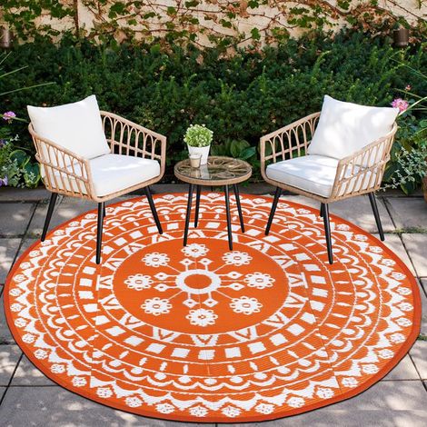 Tapis de jardin rond imperméable réversible avec paille en plastique de style bohème pour jardin, camping-car, balcon, cour, terrasse, pique-nique, plage, orange (Ø180 cm) (1/5)