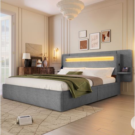 Cama canapé 140x200 cm de MDF y lino gris con LED y USB, sin colchón – MEUBLIV (1/5)