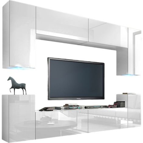 Set di mobili da soggiorno bianchi sospesi collezione CEPTO I 240cm, 8 porte, 6 scaffali, led.