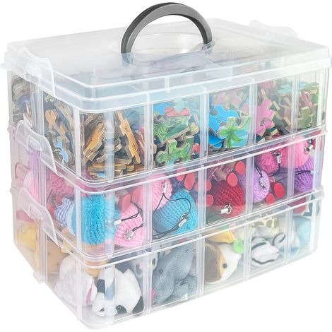 Boîte De Rangement À Compartiments - 3 Niveaux Empilables Avec Séparateurs Réglables - 30 Compartiments En Plastique Pour Rubans Washi Fils De Couture Pièces Lego - Boîte Portable Avec Poignée (1/5)