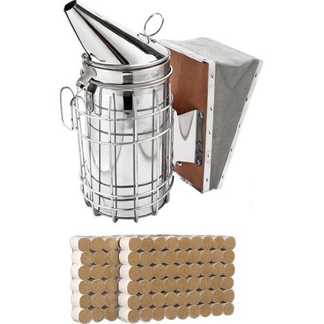 Enfumoir d'Apiculture en Acier Inoxydable avec 108 Pièces de Combustible pour Ruche Kit Enfumoir pour Apiculteur avec Soufflet