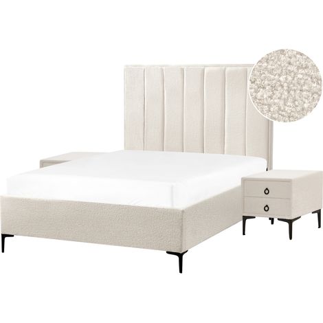 Conjunto de dormitorio cama 140 x 200 cm y 2 mesitas de noche bouclé blanco crema Sezanne