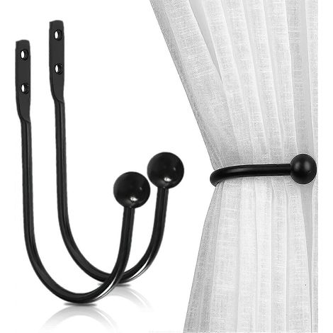 Attaches de rideaux, lot de 2 crochets avec vis, fixation murale, accessoires pour rideaux de douche et de fenêtre, noir (1/5)