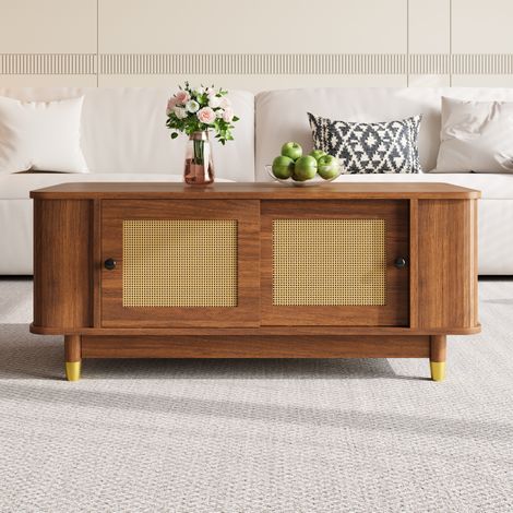 Mesa de centro de MDF color nogal 100 cm con puertas correderas de ratán y almacenaje (1/5)