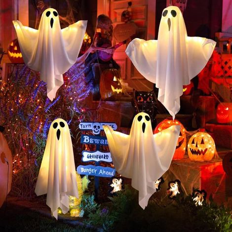 4 pc Décoration fantôme Halloween avec Feux LED,décor Lumineux Suspendu pour fête d'halloween,Porche,Arbre,fenêtre,Effet Effrayant (1/5)