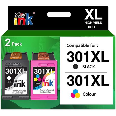 301 XL Cartouches d'encre Compatible avec Cartouche HP 301 Noir et Couleur pour Encre HP 301XL pour Envy 5530 4500 4502 DeskJet 3050 1000 1050 2050 2620 OfficeJet 2540 4630 2-Pack (1/5)