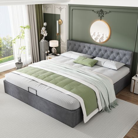 Bett mit Stauraum aus Samtstoff, Stauraum, Lattenrost aus Holz, Doppelbett, 180x200cm, grau