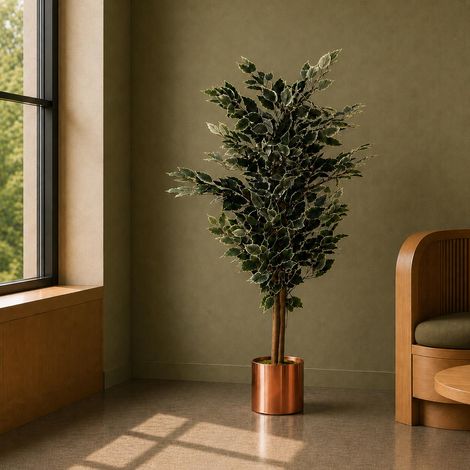 130cm Variegated White/Green Bushy Ficus Tree Copper Metal Planter - Premium Quality (1/5)