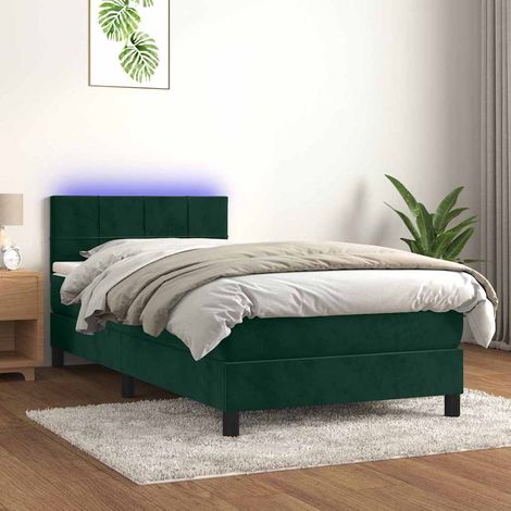 Cama box spring colchón y LED terciopelo verde oscuro 90x190 cm (1/5)