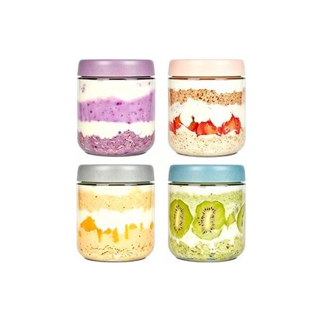 Bocaux hermétiques (lot de 4) Bocaux de conservation pour flocons d'avoine à préparer la veille Bocaux refermables avec couvercles pour conserver les flocons d'avoine, le yaourt, etc. (1/5)
