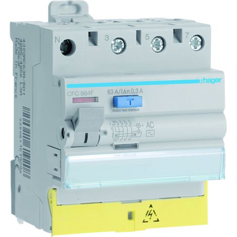 Interrupteur différentiel 3P+N 63A 300mA type AC à bornes décalées 50/60HZ - HAGER CFC864F (1/4)