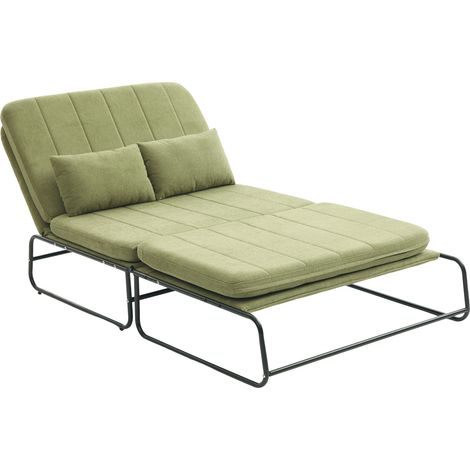 Sofá cama plegable de 2 plazas con estructura metálica, chenilla verde oliva y bolsillos laterales (1/5)