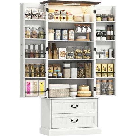 Hohes Küchen-Sideboard, Küchenschrank, LED-Sensorbeleuchtung, 2 Türen, verstellbare Schubladen und Einlegeböden, 76 x 39,5 x 183 cm, weiß