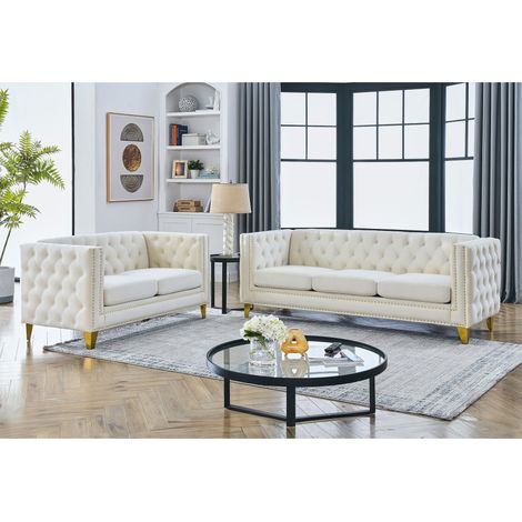 Canapé moderne - Canapé en velours de style Chelsfield, avec pieds dorés, boutons capitonnés, pour salon, Beige, réf. W3349S00167 (1/5)