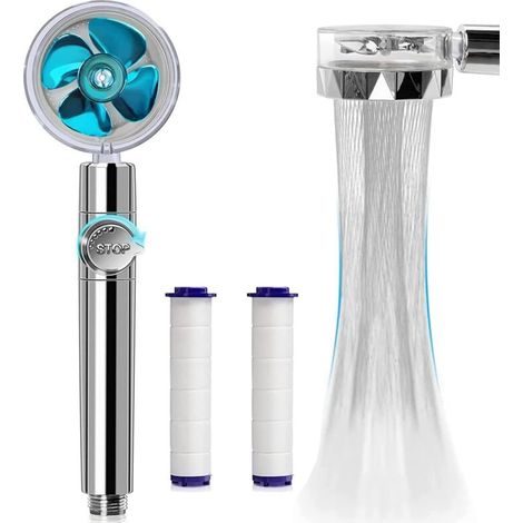 (Blue)High Pressure Water Saving Shower 360° Rotating Shower Head with Filter Turbo Spa Shower Head with Fan and Switch