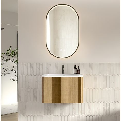 Mobile bagno con lavabo 60 cm, specchio LED 50 x 80 cm, rovere DESVIAE (1/5)