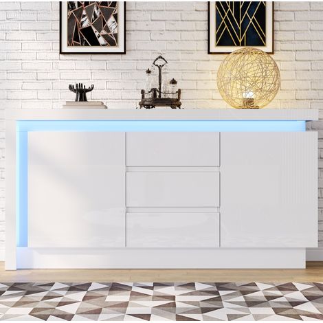 Aparador blanco 140 x 35 x 72 cm con 3 cajones, 2 puertas y LED OKMYHOME (1/5)