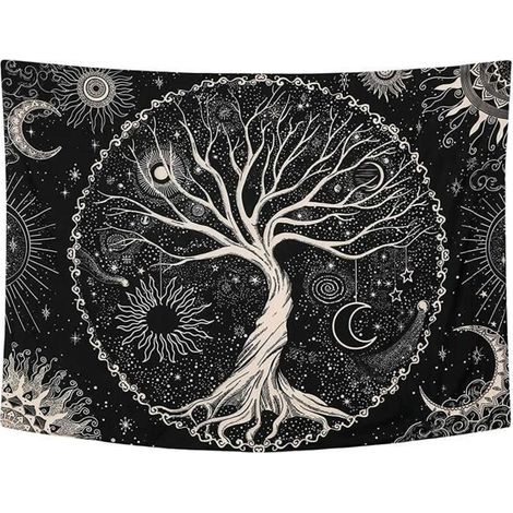 Wandteppich mit Baum, Mond und Sonne, psychedelischer Wandteppich mit schwarzem Mandala, Wandteppich mit Sternenhimmel, Hippie-Wandteppich