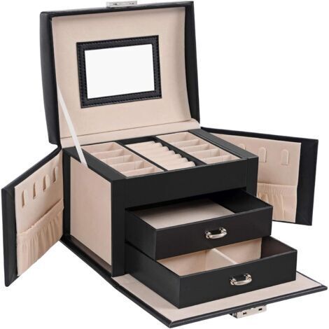 Boîte à Bijoux, Mallette à Bijoux, Coffret à Bijoux de Voyage, Organisateur de Bijoux Portable, avec 2 tiroirs, Miroir, Serrure et clés, Cadeau Noel, 17,5 x 13,5 x 12 cm, par SONGMICS Noir (1/5)