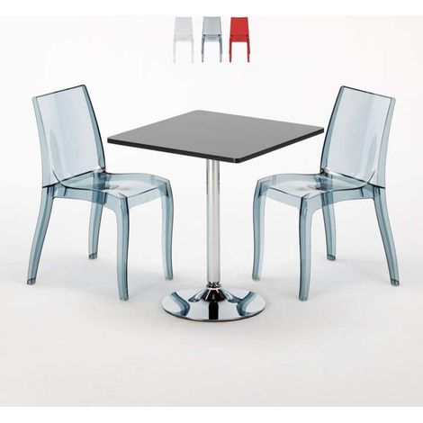 Tavolino Quadrato Nero 70x70 cm con 2 Sedie Colorate Trasparenti Cristal Light Platinum - Trasparente Nero Antracite (1/5)