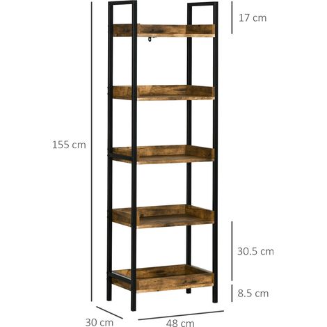 Bibliothèque de style industriel à 5 niveaux en bois et métal, 48 x 30 x 155 cm, brun rustique (1/5)