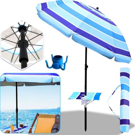 Parasol de plage Parasol droit rond Ø210cm - mât central en orientable et Angle d'inclinaison réglable de 30 degrés, Bleu, Parapluie hawaïen (1/5)