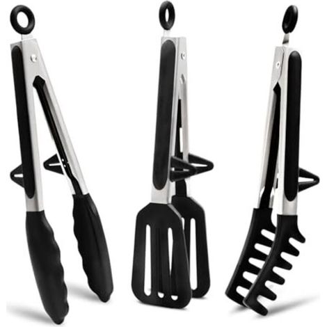 3 Pieces 26cm Stainless Steel Kitchen Tongs, Food Tongs, Spaghetti Tongs, Barbecue Tongs, Silicone Kitchen Tongs for Barbecue, Salad, Cooking (Black) (1/5)