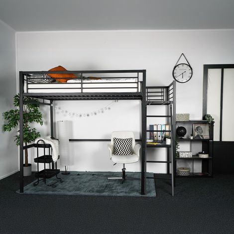 Lit Mezzanine 2 Places avec Fauteuil Réglable et Bureau en Verre Trempé, Gain de Place pour Chambre Étudiant Adolescent Adulte, Cadre Métallique, Noir + Blanc (1/5)