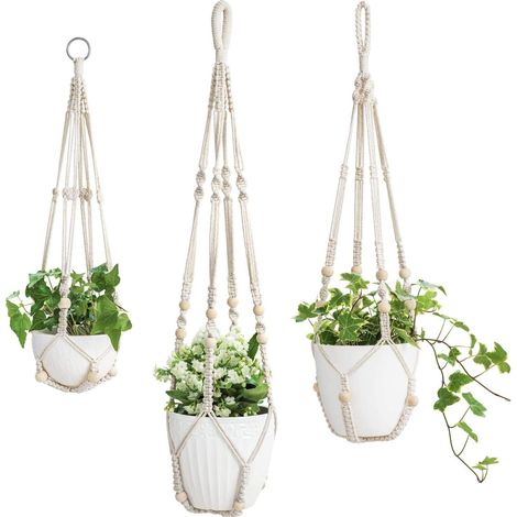 Lot de 3 suspensions pour plantes en macramé d'intérieur, en corde de coton ornée de perles, sans couvercle, 58 cm / 73 cm / 89 cm (1/4)