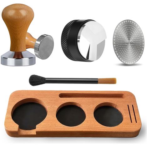 Kit barista 5 pièces 51mm support tassage bois, distributeur poudre tamper brosse nettoyage écran filtre pour machine espresso domestique (1/4)