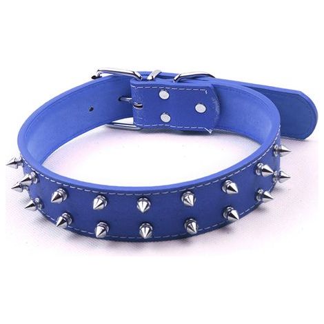 Punky style dog collar - PU leather with studs, blue, adjustable - For medium/large dogs (1/5)