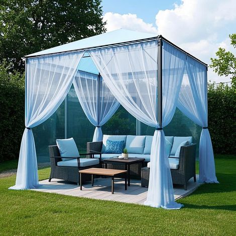 Bleu Clair,L160 X H300 cmRideaux d'extérieur, Lot de 4 Rideau Voilage Moustiquaire Exterieur Lumière Filtrer Transparent avec Bricolage Réglable pour Patio, Jardin, Gazebo (1/5)