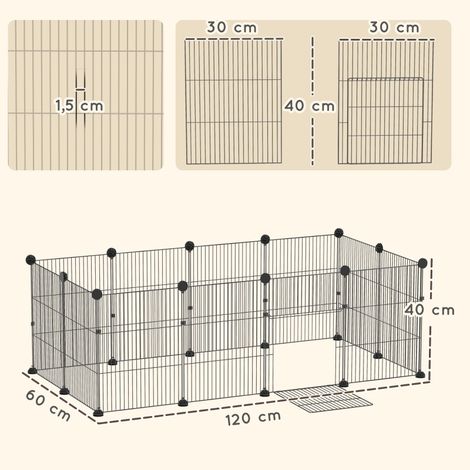 Enclos modulable pour lapins, cobayes et petits rongeurs, parc d'exercice extérieur avec 12 panneaux, tapis étanche inclus, dimensions 120x60x40 cm, coloris noir (1/5)