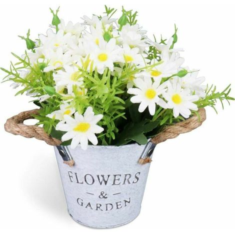 RHG Fls de marguerite artificielles en pot dans un pot en métal Plantes de bonsaï en soie artificielle avec vase pour décoration intérie de chambre à coucher Arrangements de mariage Bureau Décoratio