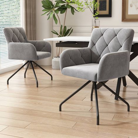 Lot de 2 chaises bureau velours gris clair motif losange rembourrées soutien lombaire pieds métal (1/5)