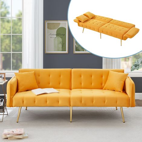 Sofá cama doble multifuncional, plegable en terciopelo amarillo, con respaldo y reposabrazos ajustables en varias secciones, ideal para sala de estar. (1/5)