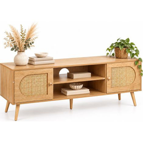 Relaxdays mueble TV, efecto ratán, hasta 60 pulgadas, efecto madera, (Al x An x Fon) 49,5x140x40 cm, natural (1/5)