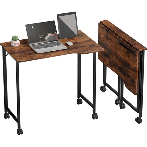 HOMCOM Small Writing Desk with Wheels, Folding Study Table, Rustic Brown