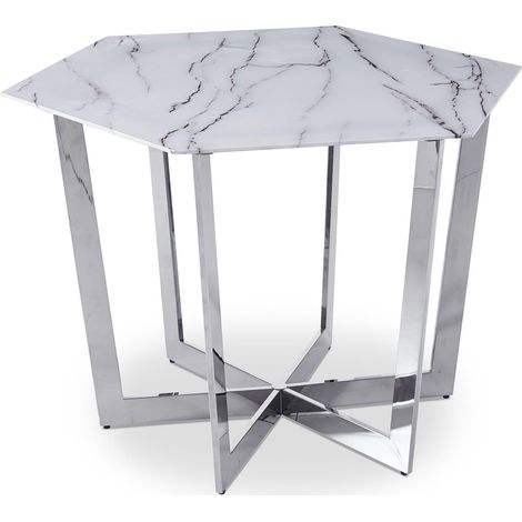 Table hexagonale 120cm Zadig Verre Effet marbre blanc et pied Métal Argent