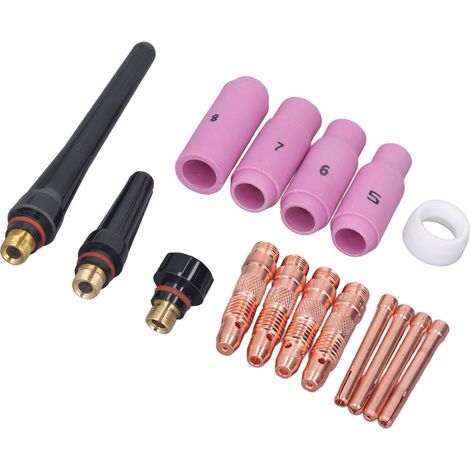 16-teiliges Zubehörset für Schweißbrenner: Keramikdüse, Druckkappe, Elektrodenkörper, PTFE-Klemme, Frontabdeckung (1/5)