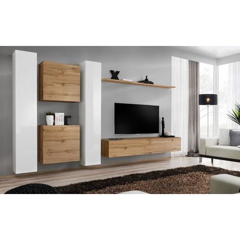 Ensemble mural - Switch VI - 2 vitrines verticales - 1 vitrine carrée - 1 banc TV - 1 étagère - Bois et blanc - Modèle 2 - Livraison gratuite