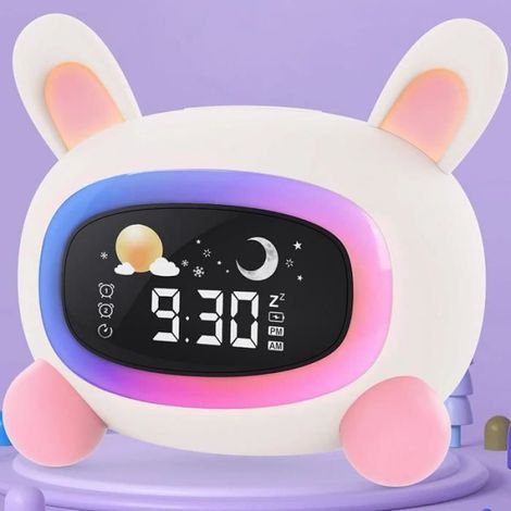 Réveil Entraînement Sommeil - Silicone Alimentaire - Double Réveil - 4 Niveaux Luminosité - 5 Couleurs LED - Pour Enfants À Partir de 2 Ans - 1 Pièce (1/4)