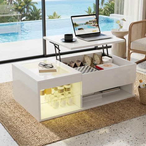 Table Basse Relevable 100x55x35 cm Blanc Brillant avec LED RGB - Plateau Rehaussable Coffre de Rangement Bureau - Design Moderne