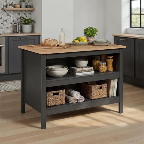 Ilot de cuisine - Ilot central - Plan de travail - Meuble de cuisine avec étagères - Mélaminé - Longueur 124cm - Hauteur 82 cm - Profondeur 75 cm - Anthracite/Chêne Artisan (1/5)