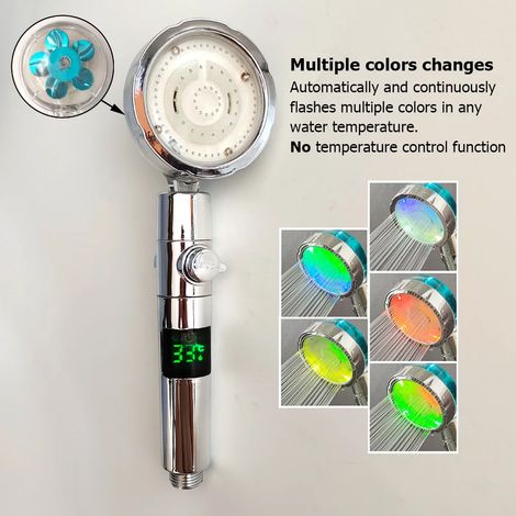 Pommeau de douche LED multicolore argenté à 3/7 couleurs changeantes avec bouton d'arrêt d'hélice, haute pression et affichage de la température. (1/5)
