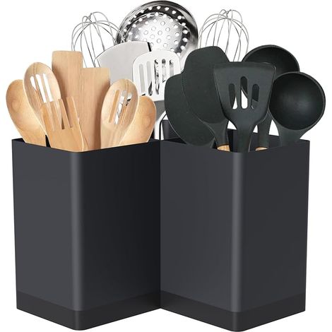 Porte-ustensiles, organisateur d’ustensiles de cuisine pour le plan de travail d’angle, organiseur de couverts extra grand avec 3 compartiments, décoration de ferme, fer en fer, noir (1/5)