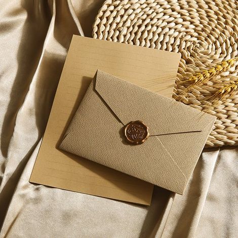 Luxuriöses 6 teiliges Set aus Briefumschlägen und Briefpapier in Leinenoptik mit Wachssiegeln für DIY Projekte, Hochzeitseinladungen, standesamtl (1/5)