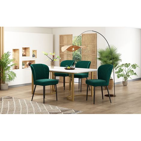 Ensemble salle à manger 4 chaises velours vert foncé, table cuisine 140x80x75cm plateau MDF blanc pieds dorés, chaises design rembourrées dossier haut, mobilier moderne